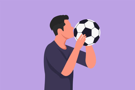 Character flat drawing handsome male football player kissing ball with pride. Happy expression in national level competition. Professional player on training center. Cartoon design vector illustrationのイラスト素材