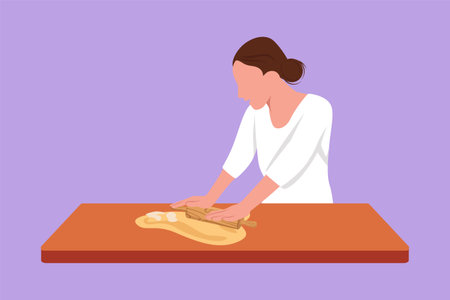 Graphic flat design drawing cute woman making cookie dough using rolling pin at kitchen table. Happy wife making bakery and homemade pizza for family dinner at home. Cartoon style vector illustrationのイラスト素材