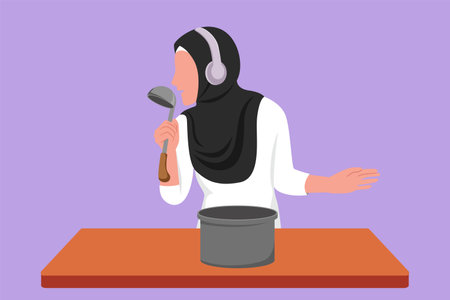 Graphic flat design drawing beauty Arabian woman begin prepare family dinner while singing like rock star with kitchenware and overjoyed music playlist. Fun cooking. Cartoon style vector illustrationのイラスト素材