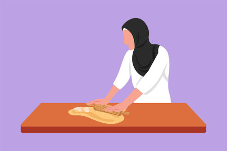 Graphic flat design drawing Arab woman making cookie dough using rolling pin at kitchen table. Happy wife making bakery and homemade pizza for family dinner at home. Cartoon style vector illustrationのイラスト素材