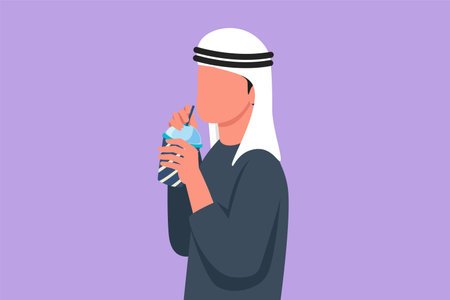 Cartoon flat style drawing side view of Arab man using straw and drinking smoothie juice from plastic cup. Active male feel thirsty and try to refresh in hot summer. Graphic design vector illustrationのイラスト素材