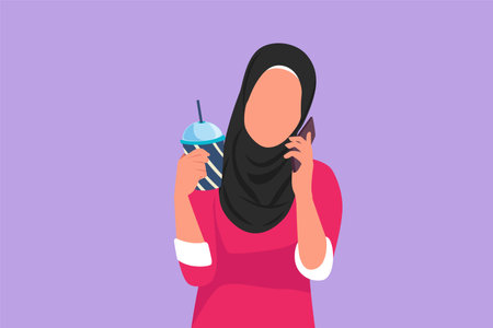 Graphic flat design drawing beauty Arab woman drinking orange juice while making phone call with smartphone and having breakfast at home. Morning routine before work. Cartoon style vector illustrationのイラスト素材
