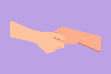Character flat drawing two hands holding each other. Sign or symbol of love, relationship, couple, marriage. Communication with hand gesture. Hand gesture care icon. Cartoon design vector illustrationのイラスト素材