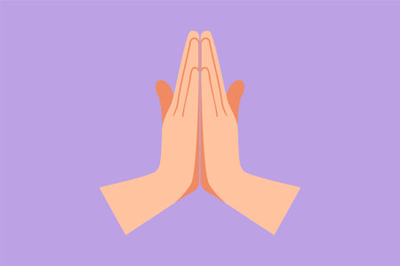 Character flat drawing hands folded in prayer icon. Praying hands with faith in religion. Power of hope or love and devotion. Namaste or Namaskar hand gesture. Cartoon style design vector illustrationのイラスト素材