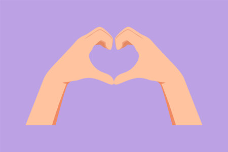 Graphic flat design drawing of hands making sign or symbol heart by fingers. Beautiful hands with copy space. Love, relationship, romance concept with hand gestures. Cartoon style vector illustrationのイラスト素材