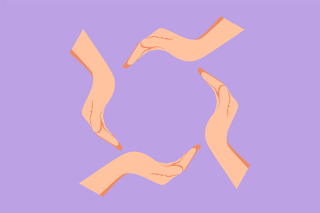 Graphic flat design drawing circle icon made from four hands. Sign or symbol of protection, cooperation, care. Communication with hand gestures for human education. Cartoon style vector illustrationのイラスト素材