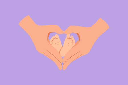 Character flat drawing adorable babies foot hold by father hand finger making love shape. Beautiful sleeping baby girl. Newborn baby girl. Happy family with newborn. Cartoon design vector illustrationのイラスト素材