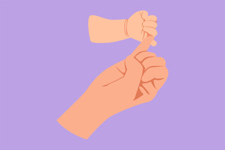 Graphic flat design drawing parent hands holding newborn baby fingers. Close up mothers hand holding...