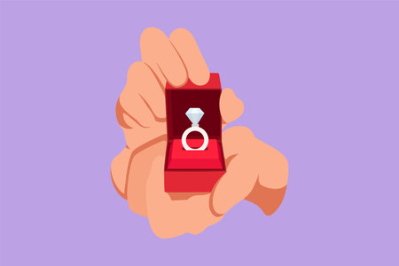 Cartoon flat style drawing male hand holding ring box as an engagement symbol. Groom gift for bride on their special day. Happy couple on marriage celebration day. Graphic design vector illustrationのイラスト素材