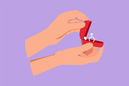 Graphic flat design drawing hand holding red velvet box for ring. Groom gift for bride on special...