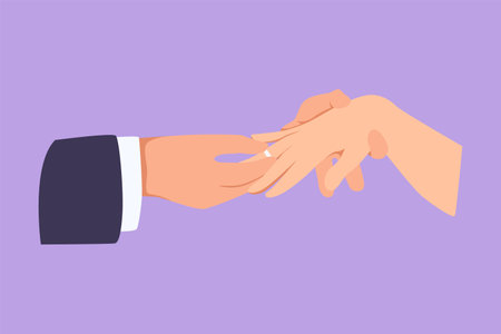 Character flat drawing groom puts ring on finger of bride. Bride and groom make vow of loyalty on their wedding day. Happy couple on marriage ceremony celebration. Cartoon design vector illustrationのイラスト素材