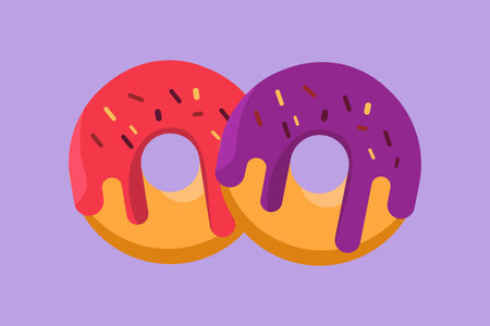 Cartoon flat style drawing fresh sweet donuts store logo. Doughnut fast food menu and restaurant badge for cafe, shop or food delivery service. Delicious breakfast. Graphic design vector illustrationのイラスト素材