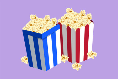 Character flat drawing fresh sweet delicious pop corn with stripped pattern paper box. Snack for watching movies concept. Logo for cafe shop, food delivery service. Cartoon design vector illustrationのイラスト素材