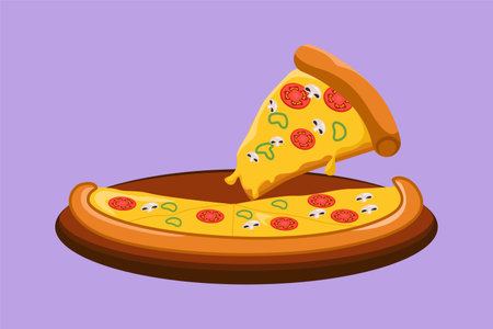 Character flat drawing fresh Italian pizza logo. Fast food pizzeria Italy menu and restaurant badge concept for cafe, shop or food delivery service. Delicious lunch. Cartoon design vector illustrationのイラスト素材