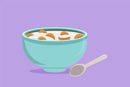 Cartoon flat style drawing stylized bowl of cereal breakfast with fresh milk. Healthy whole wheat food concept. Health food nutrition. For flyer, icon, logo, symbol. Graphic design vector illustrationのイラスト素材