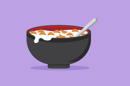 Cartoon flat style drawing stylized bowl of cereal breakfast with fresh milk. Healthy whole wheat...