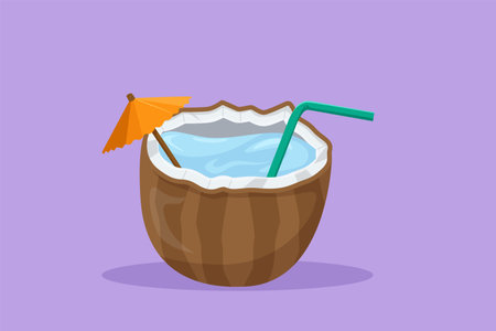 Graphic flat design drawing green coconuts with drinking straw. For flyer, sticker, card, logo, symbol. Relieves thirst and dehydration in summer. Healthy lifestyle. Cartoon style vector illustrationのイラスト素材