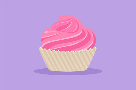 Character flat drawing fresh sweet muffin cake online shop logo. Delicious pastry shop menu, restaurant badge concept. Tasty cookies logotype, flyer, sticker, card. Cartoon design vector illustrationのイラスト素材
