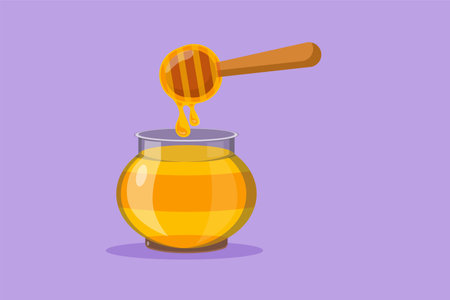 Character flat drawing fresh sweet natural gold honey on glass jar with wooden dipper. Healthy natural food store organic supplement icon for cafe or food delivery. Cartoon design vector illustrationのイラスト素材