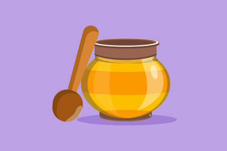 Character flat drawing fresh sweet natural gold honey on glass jar with wooden dipper. Healthy natural food store organic supplement icon for cafe or food delivery. Cartoon design vector illustrationのイラスト素材