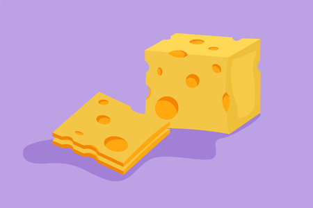 Cartoon flat style drawing of fresh delicious Italian holed cheese shop logo emblem. Online dairy food store logotype template. Dairy shop or food delivery service. Graphic design vector illustrationのイラスト素材