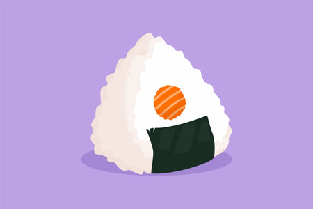 Character flat drawing fresh delicious Japanese onigiri rice restaurant logo emblem. Sushi seafood cafe shop logotype template for cafe, shop, food delivery service. Cartoon design vector illustrationのイラスト素材