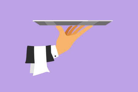 Cartoon flat style drawing of stylized tray cloche in hand. Restaurant plate in elegant waiter hand. Food serving tray for cafe, shop, restaurant, and food delivery. Graphic design vector illustrationのイラスト素材