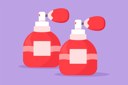 Character flat drawing two beauty perfume flacons and bottles. Cosmetics icon, logotype, label, flyer, sticker, symbol. Perfume flat design cosmetic and spa concept. Cartoon design vector illustrationのイラスト素材