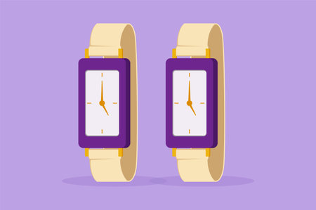 Character flat drawing stylized hand wrist watches design with leather bracelet and metal gold dial. Analog wristwatch. Arm clocks, watch with strap. Time accessory. Cartoon design vector illustrationのイラスト素材