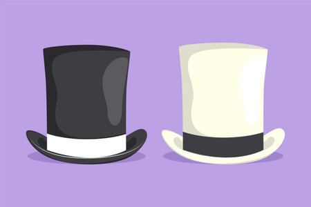 Graphic flat design drawing set of black and white big gentleman hat cylinder with ribbon. Vintage top hat. Old fashioned clothes. Elegant magic hat. Gentleman style. Cartoon style vector illustrationのイラスト素材