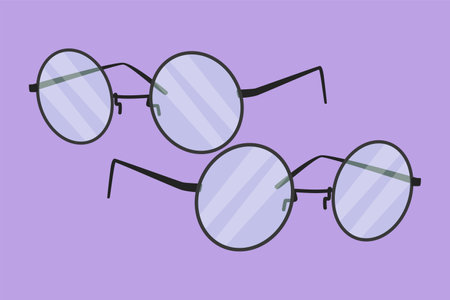 Character flat drawing vintage or retro glasses with circle frame logotype. Round black rimmed glasses. Side of myopia glasses, round frame, with black glasses legs. Cartoon design vector illustrationのイラスト素材