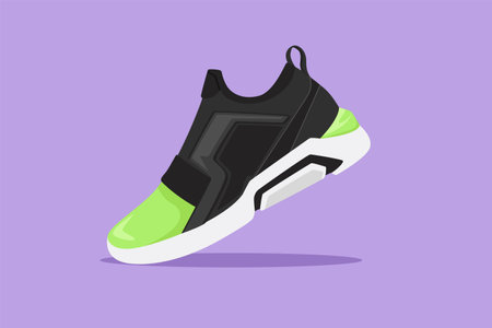 Cartoon flat style drawing running colorful shoes. Bright sport sneakers symbol. Fitness shoes for training. Sports shoes logo. Fashionable, casual for man or woman. Graphic design vector illustrationのイラスト素材