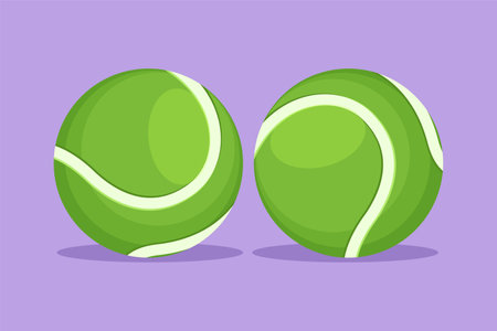 Cartoon flat style drawing closeup of two tennis balls icon, logo, symbol. Tennis ball games, sport, competition, round. Yellow tennis ball made of felt and rubber. Graphic design vector illustrationのイラスト素材