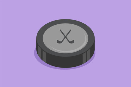 Character flat drawing closeup of ice hockey puck. Ice hockey American season competition and national tournament concept. Black ice hockey puck logo, label, symbol. Cartoon design vector illustrationのイラスト素材