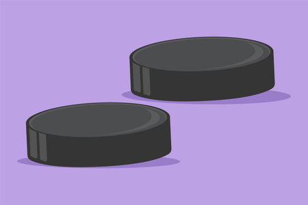 Graphic flat design drawing stylized two ice hockey puck. Ice hockey American season competition or national tournament. Black ice hockey puck logo, template, symbol. Cartoon style vector illustrationのイラスト素材
