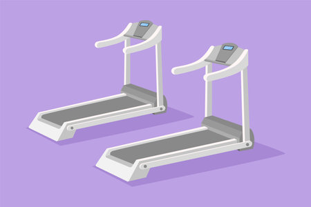 Character flat drawing stylized running simulator. Sports fitness exercise equipment. Treadmill logo, label, symbol. Gym tool. Time to run. Treadmill machine icon. Cartoon design vector illustrationのイラスト素材
