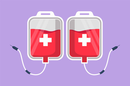 Character flat drawing of blood bag logo, label. IV bag in trendy flat style. Infuse icon. Blood bag for emergency rescue. Medicine, clinic and health care symbol. Cartoon design vector illustrationのイラスト素材