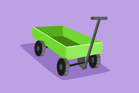 Cartoon flat style drawing wooden toy mini wagon logo, icon, label, symbol. Farm wheelbarrow. Equipment of garden cart for gardening, harvesting, planting seedlings. Graphic design vector illustrationのイラスト素材