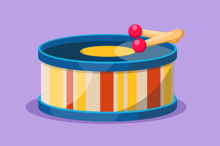 Cartoon flat style drawing drum toys with two sticks logo, icon, symbol. Musical instrument, drumbeat, drumming. Drum music stick baby toys. Series of children toys. Graphic design vector illustrationのイラスト素材
