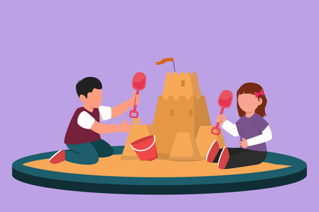 Character flat drawing of happy little boy and girl of preschool age are playing in sandbox. Two cheerful kids making sandcastle in sandbox. Outdoor game playground. Cartoon design vector illustrationのイラスト素材