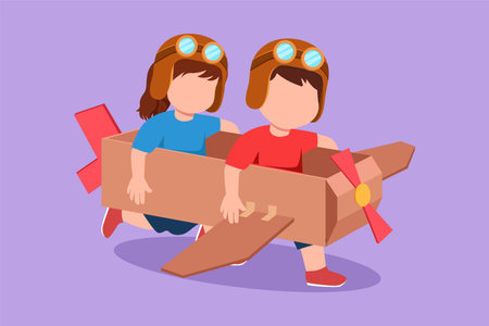 Graphic flat design drawing creative kids playing as pilot with cardboard airplane. Children riding handmade airplane. Little boy and girl playing plane game pilot. Cartoon style vector illustrationのイラスト素材