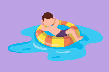 Cartoon flat style drawing adorable little boy floating with lifebuoy with relax poses wearing beach and swimming attires. Kids feeling happy while using tire buoy. Graphic design vector illustrationのイラスト素材