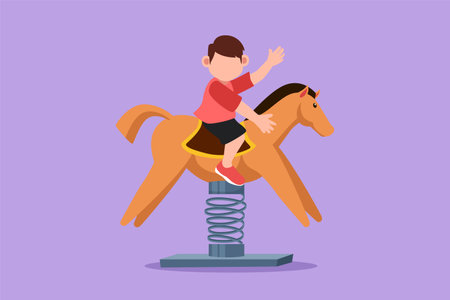 Cartoon flat style drawing little boy riding horse seesaw, kids having fun on playground. Children riding toy horse rocking. Happy boy riding horse swinging seesaw. Graphic design vector illustrationのイラスト素材