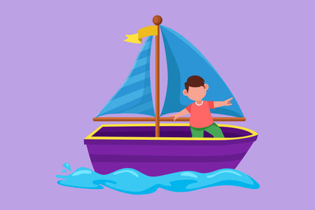 Graphic flat design drawing adorable little boy in sailboat at beach. Happy kids sailing boat at small lake. Children on boat at river. Joyful adventures and travel. Cartoon style vector illustrationのイラスト素材