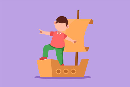 Character flat drawing of cute little boy playing sailor with boat made of cardboard box at school pool. Creative kid character playing ship made of cardboard boxes. Cartoon design vector illustrationのイラスト素材