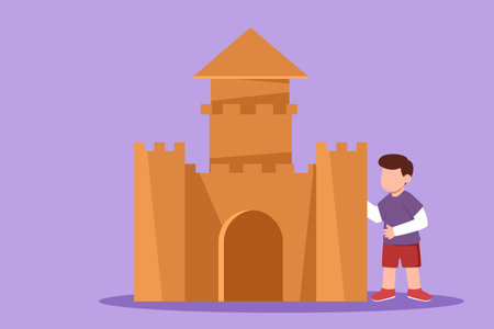 Graphic flat design drawing of adorable little boy playing in castle made of cardboard boxes. Happy little medieval prince in castle box. Creative kid playing castle. Cartoon style vector illustrationのイラスト素材