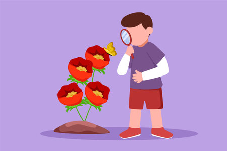 Graphic flat design drawing adorable little boy using magnifying glass and observing butterfly on leaf. Children observing nature. Kids activities at outdoor garden. Cartoon style vector illustrationのイラスト素材