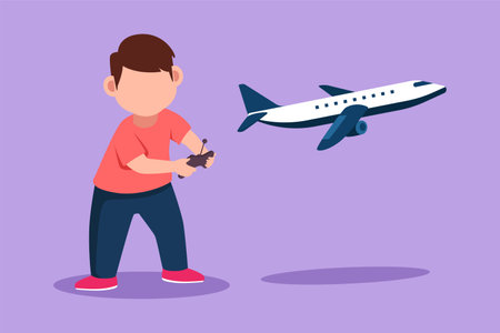 Graphic flat design drawing happy little boy playing with remote controlled toy airplane. Cute kids playing with electronic airplane toy with remote control in hands. Cartoon style vector illustrationのイラスト素材