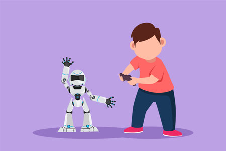 Graphic flat design drawing happy little boy playing with remote controlled robot toys. Cute kids playing with tech electronic toy robot with remote control in hands. Cartoon style vector illustrationのイラスト素材