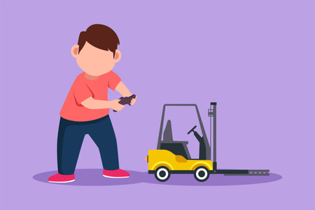 Character flat drawing of little boy playing with remote controlled forklift truck toy. Kids playing with electronic toy forklift truck with remote control in hands. Cartoon design vector illustrationのイラスト素材